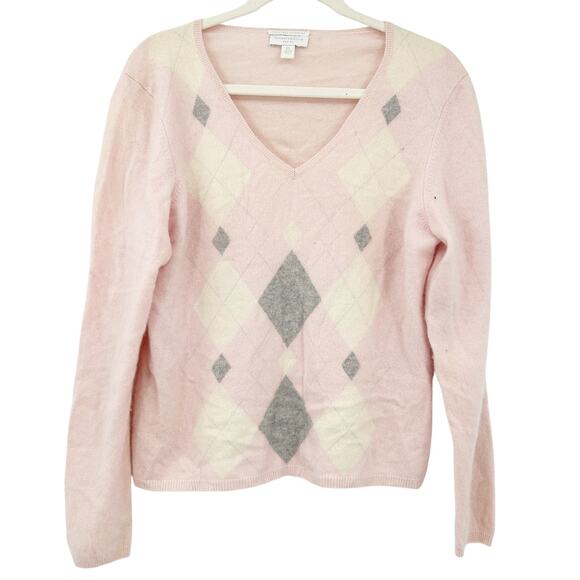 Charter Club Womens Fall Barbiecore‎ Preppy Argyle 100% Cashmere Sweater Size PL - Picture 1 of 6